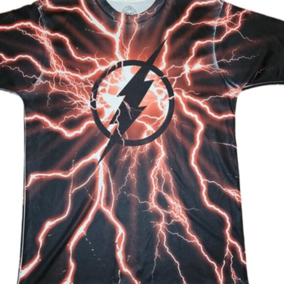 DC Comics The Flash Bolt T-Shirt Mens MED Lightning AOP All Over Black Red - Picture 1 of 8